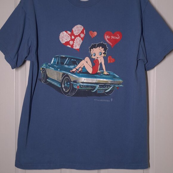 Betty Boop Be Mine USED Shirt (DISTRESSED, L, Blue, 2003, Y2K, Car, Hearts) - Picture 6 of 9